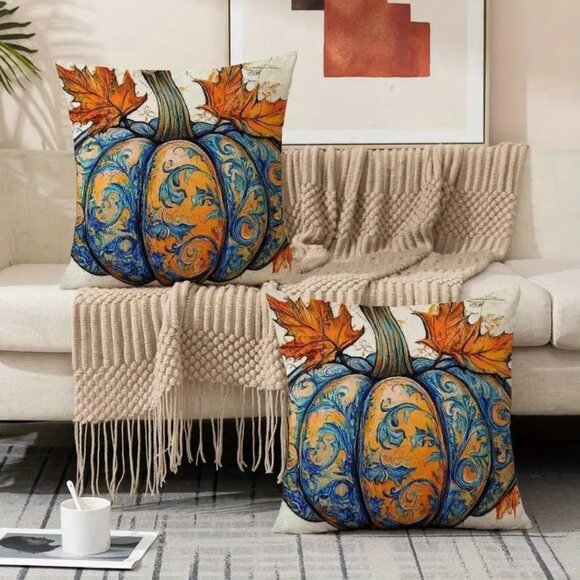 Halloween Home Decor Pumpkin Pillow Shams Two 18X18 New - Picture 1 of 1